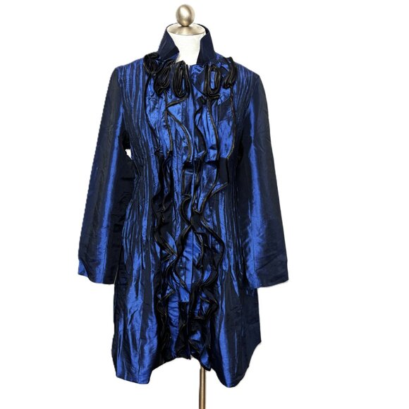 Jerry T  Royal Blue Iridescent  Coat w/  Ruffle and loose pleating Size - Picture 4 of 12